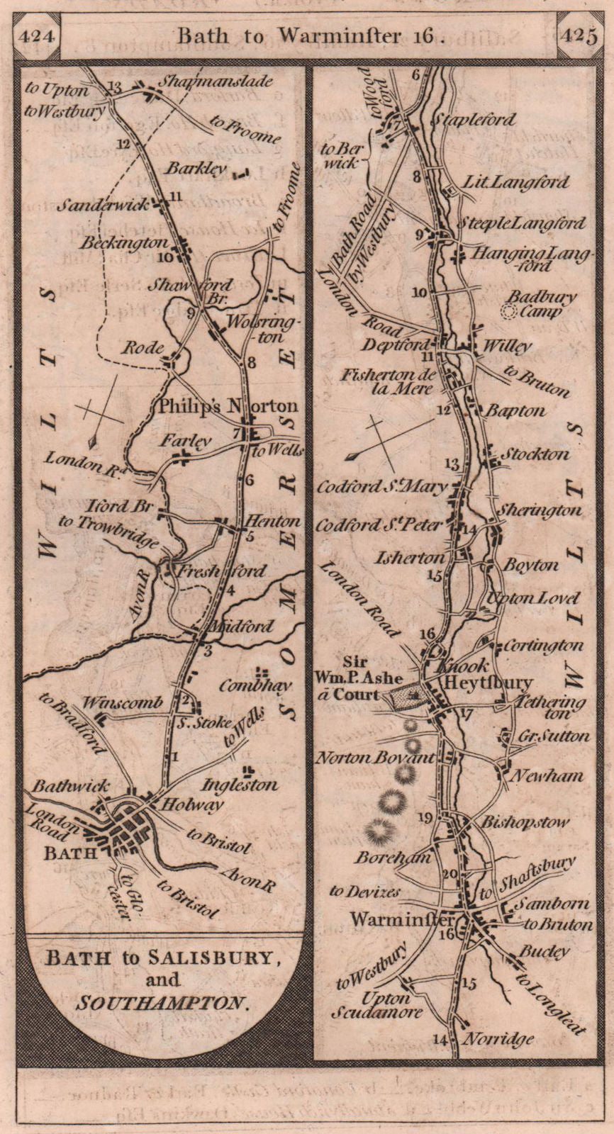 Bath-Philip's Norton-Warminster-Stapleford road strip map PATERSON 1803
